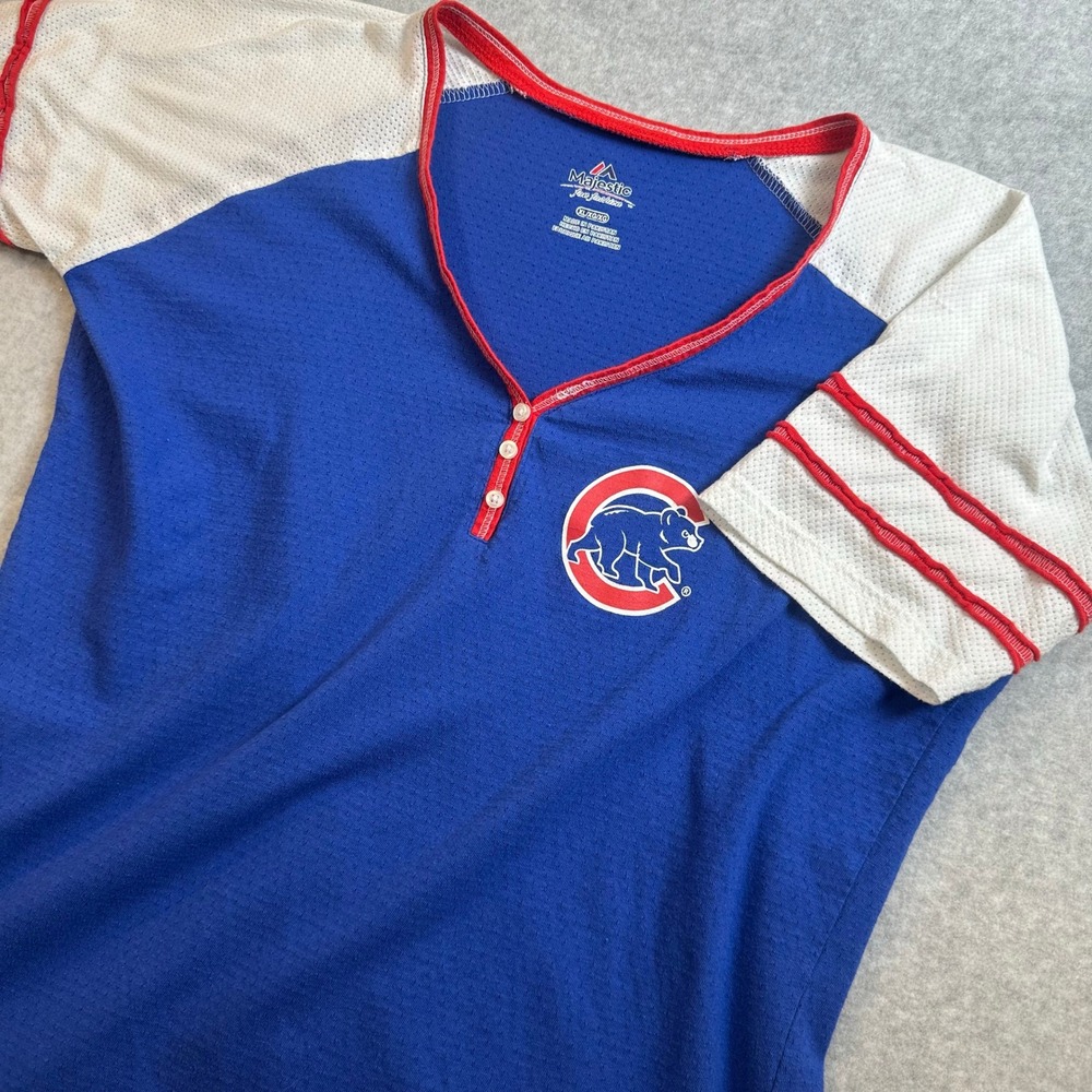Majestic Chicago Cubs Henley Mesh Jersey Shirt Blue White Red Womens XL